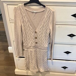 Knit V-Neck Button Front Women's Romper in Beige